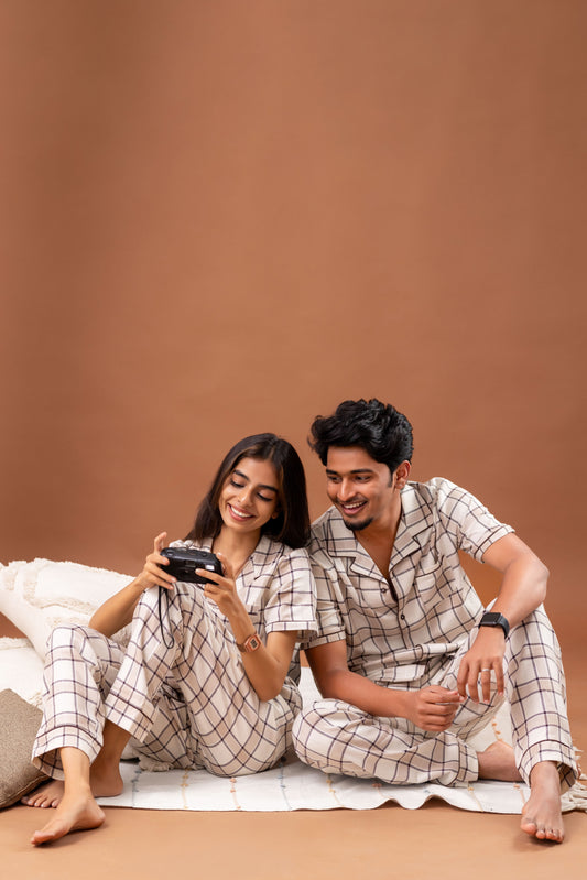 Beige Check Couple Pyjamas
