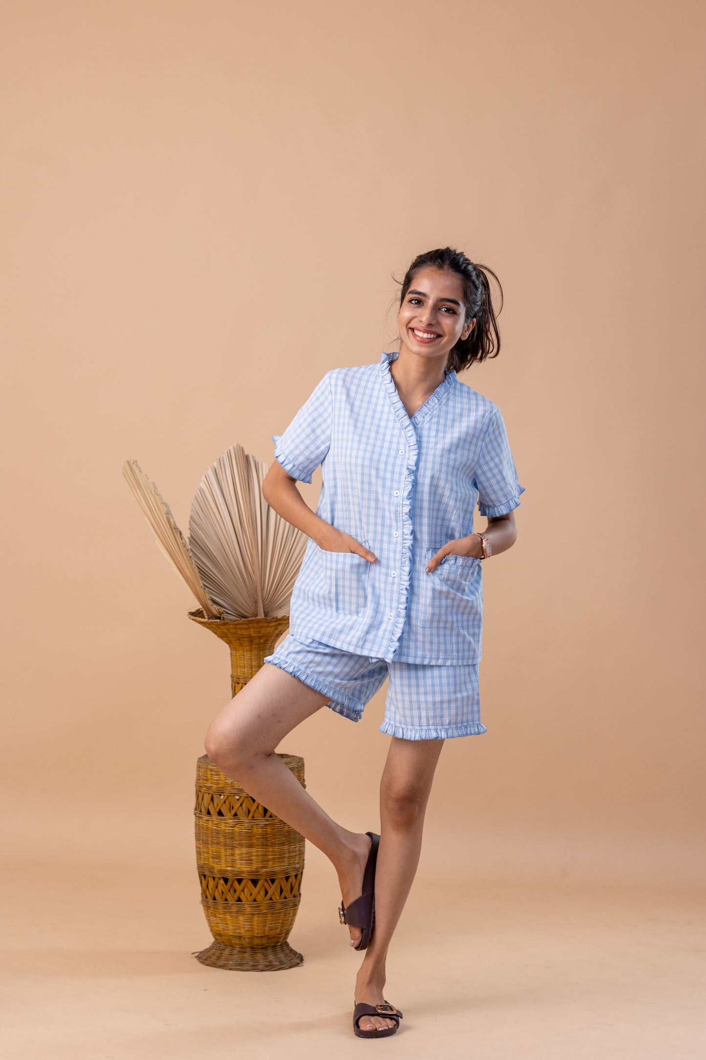 Blue Check Frill Short Set