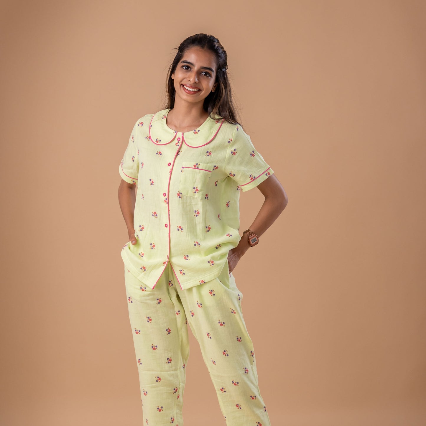 GREEN FLORAL MUSLIN PYJAMA SET