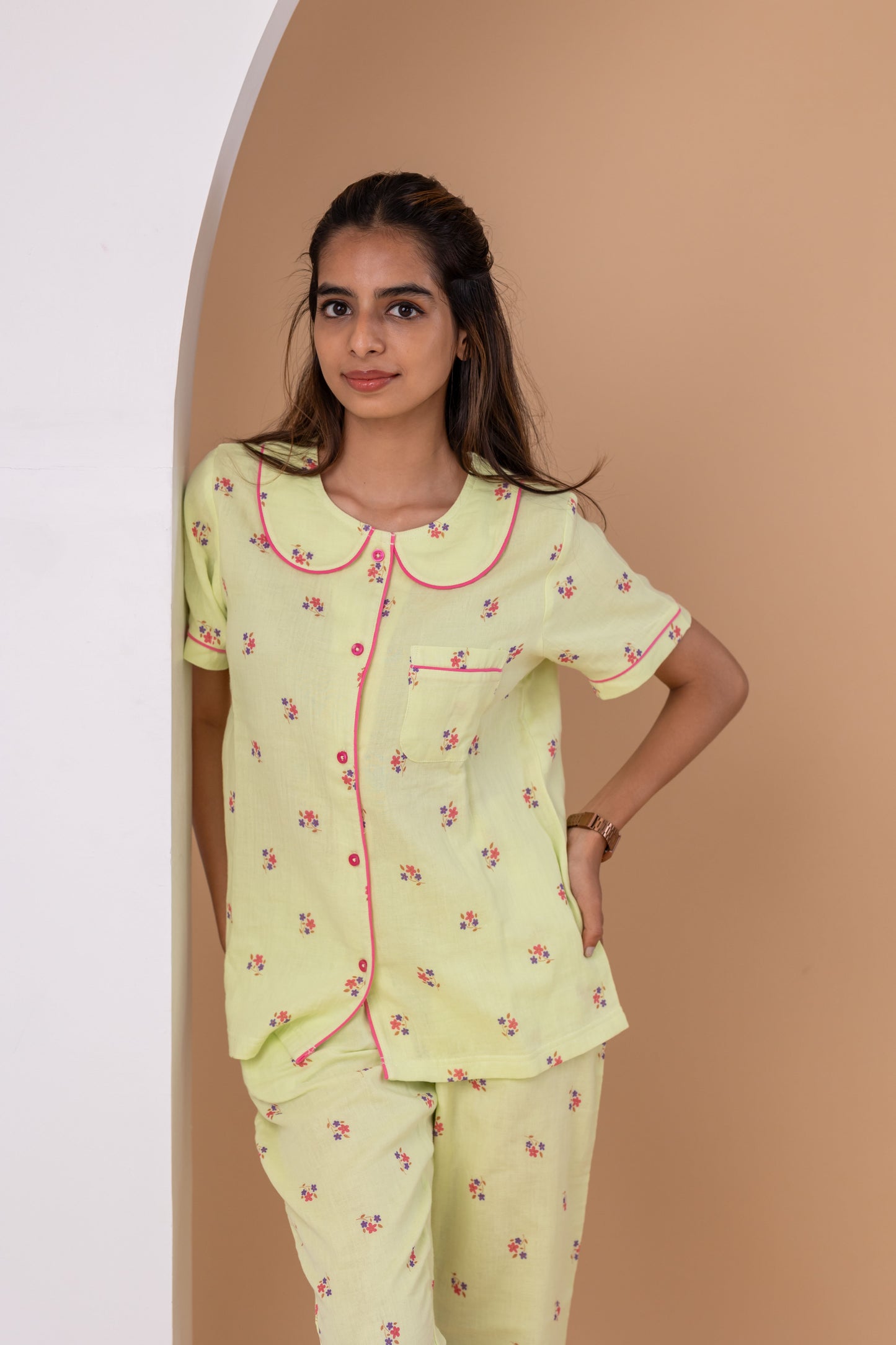 GREEN FLORAL MUSLIN PYJAMA SET