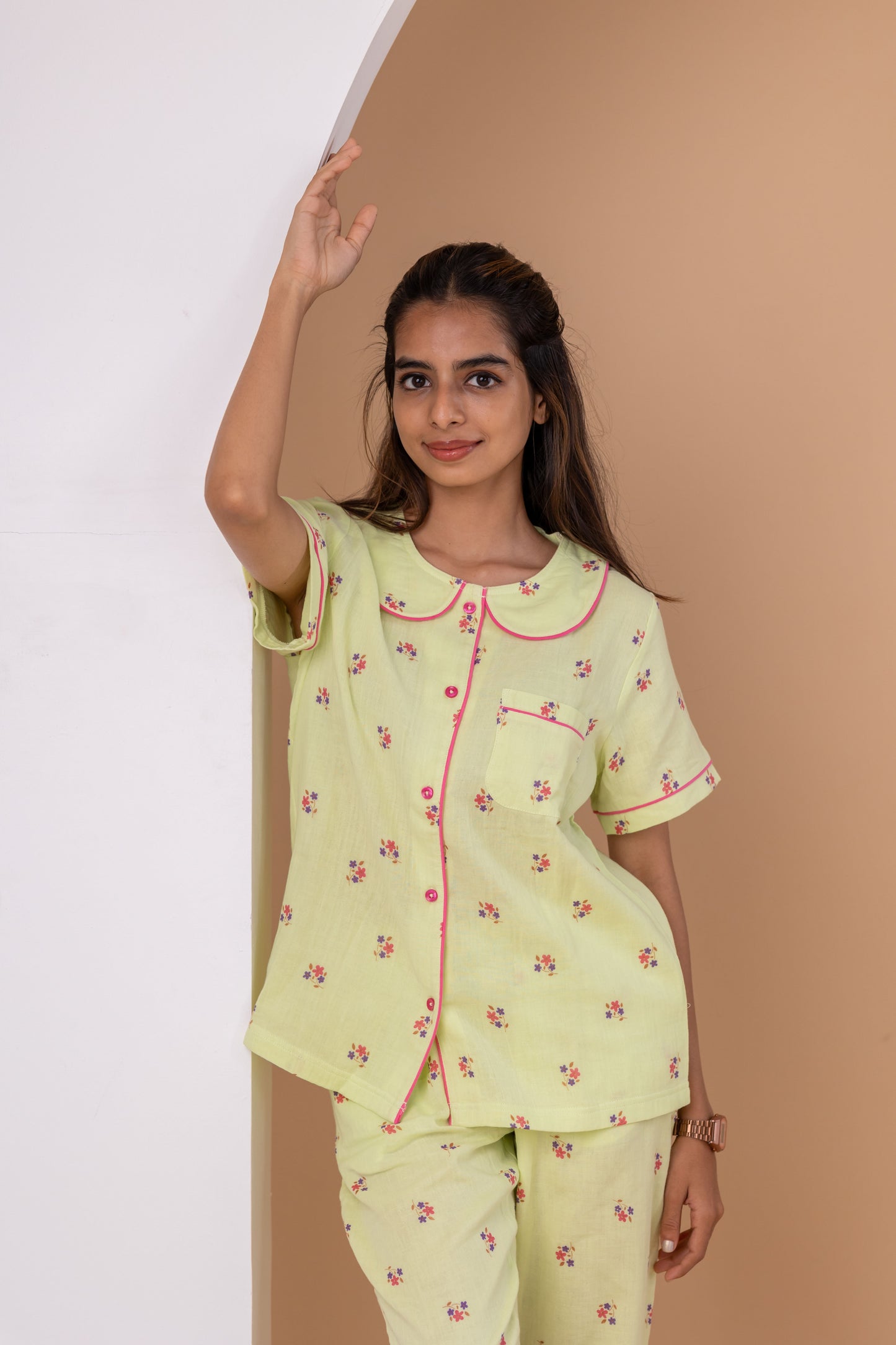 GREEN FLORAL MUSLIN PYJAMA SET