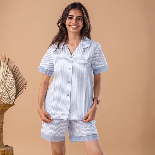 BLUE WHITE STRIPE COTTON PYJAMA SET