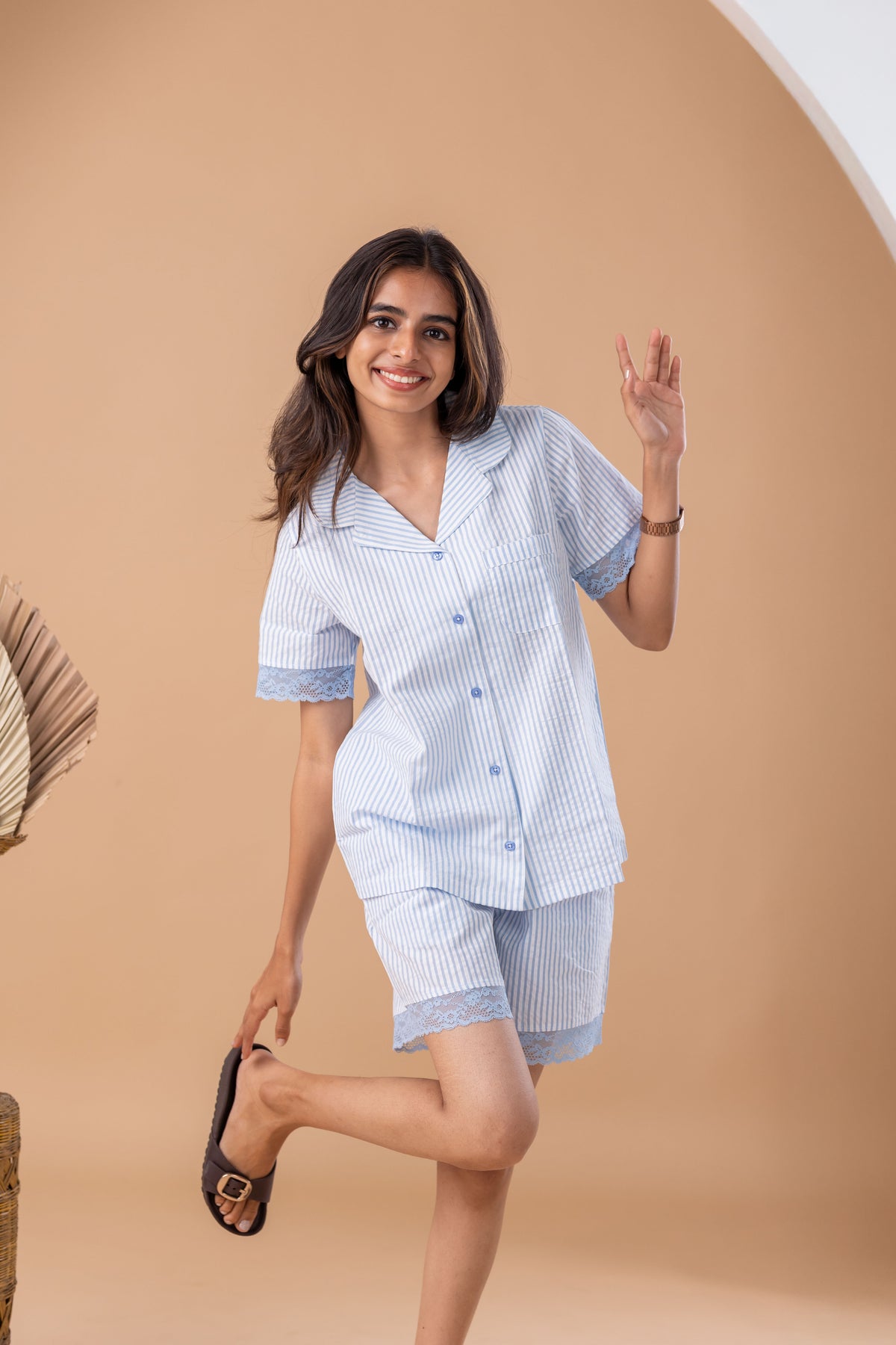 BLUE WHITE STRIPE COTTON PYJAMA SET