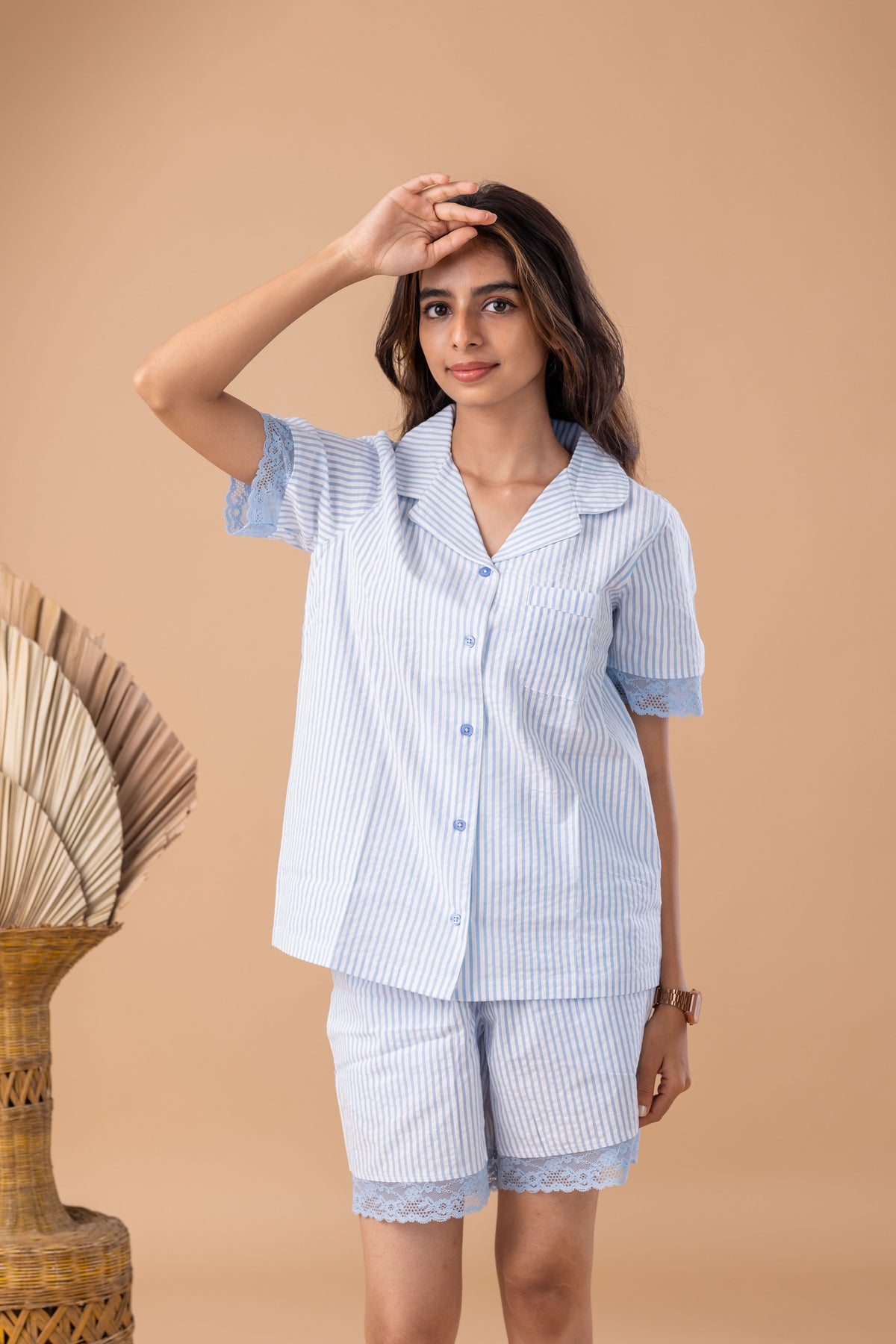 BLUE WHITE STRIPE COTTON PYJAMA SET
