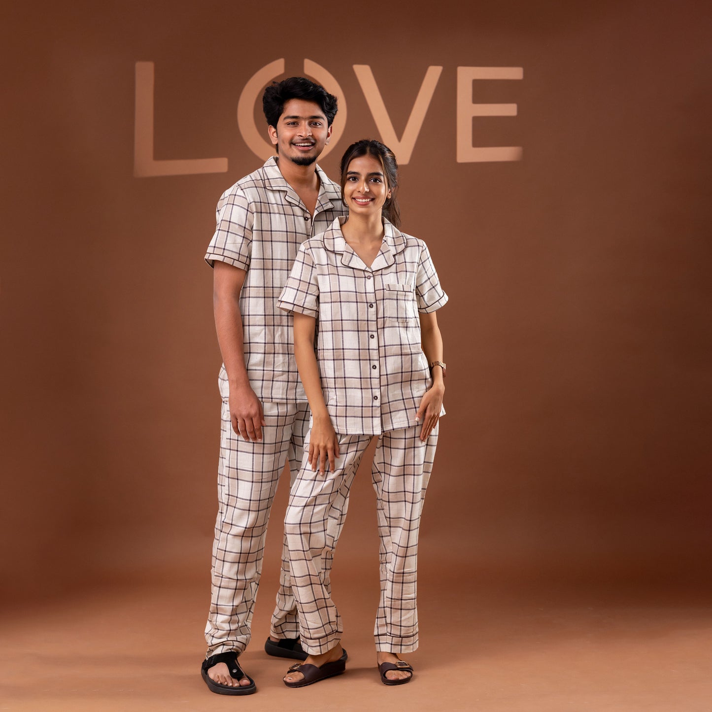 Beige Check Couple Pyjamas