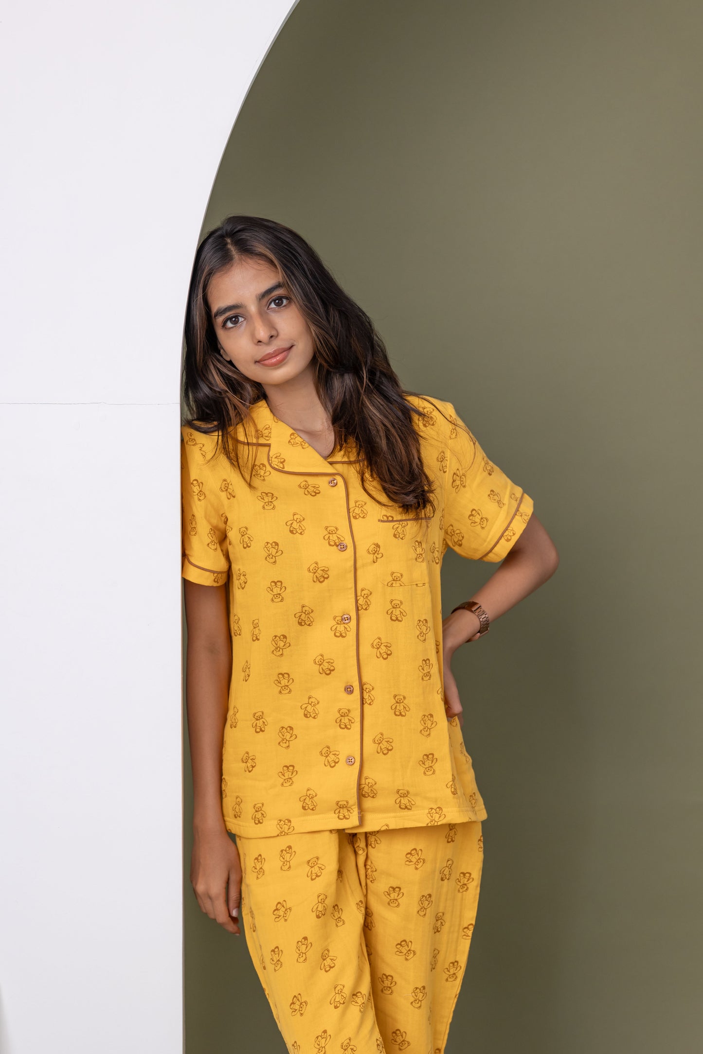 YELLOW TEDDY MUSLIN PYJAMAS