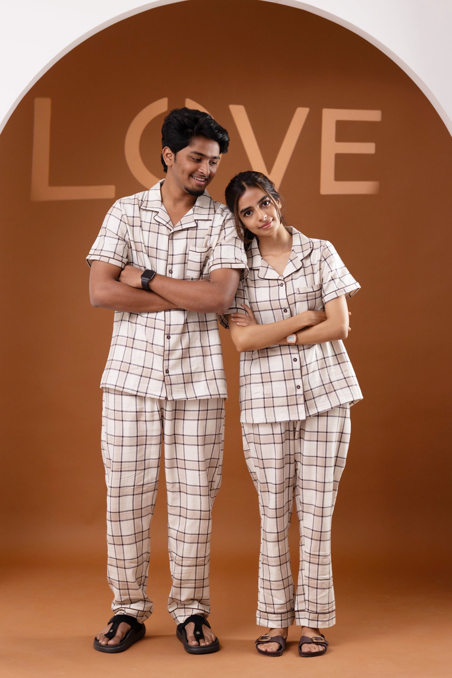 Beige Check Couple Pyjamas