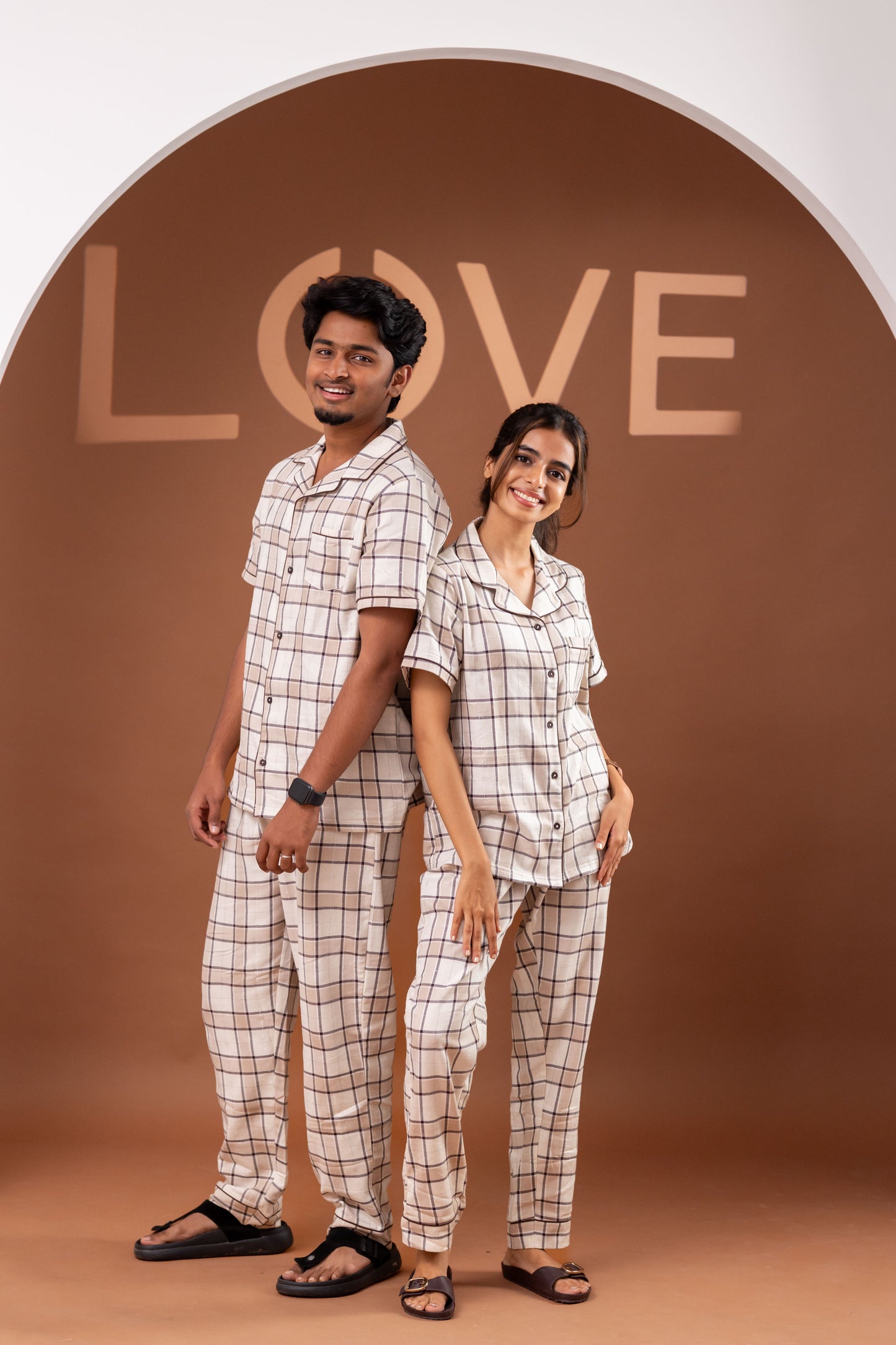 Beige Check Couple Pyjamas