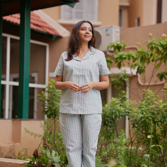 Green striped Woven Cotton Pyjamas