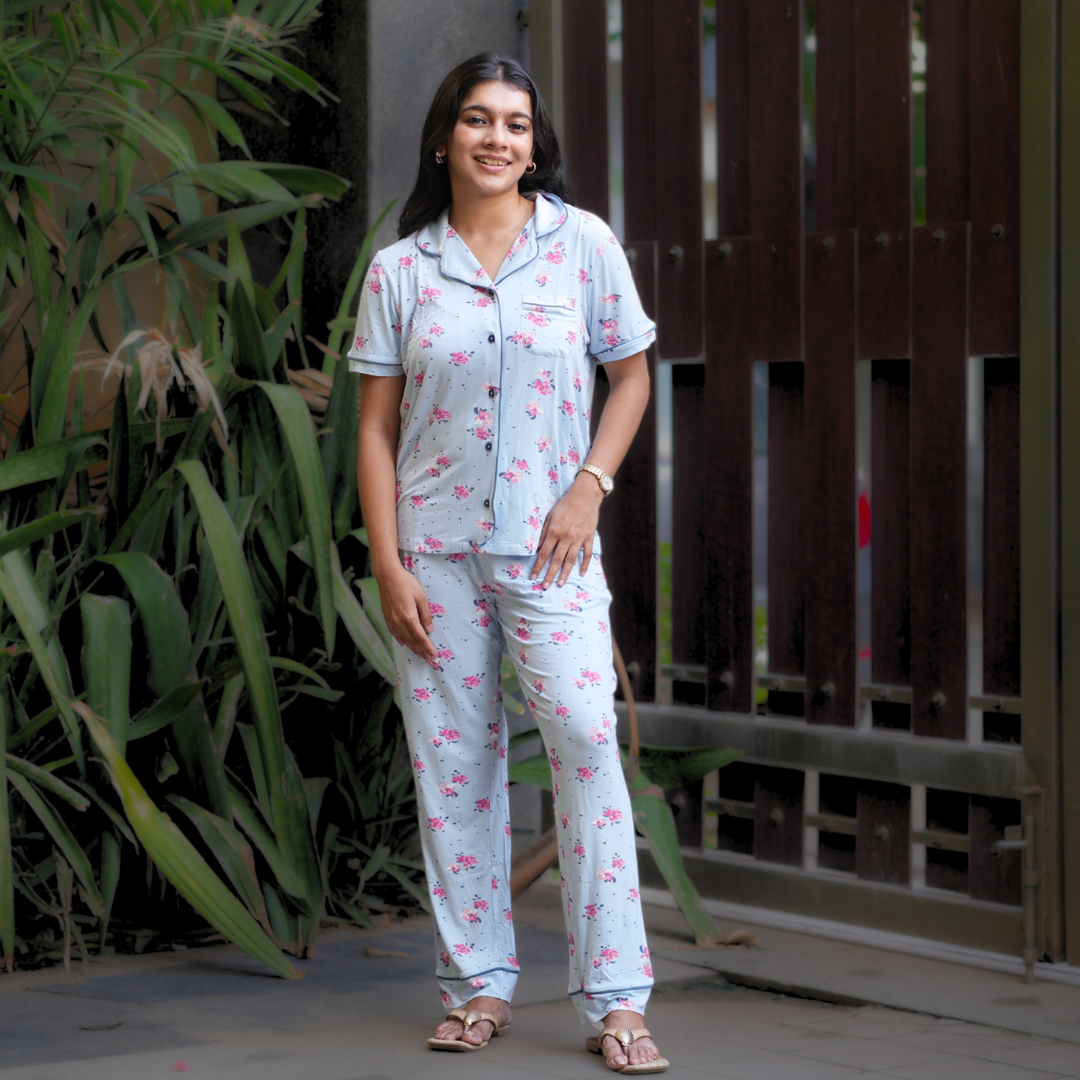 BLUE BLOSSOM BAMBOO PYJAMA SET