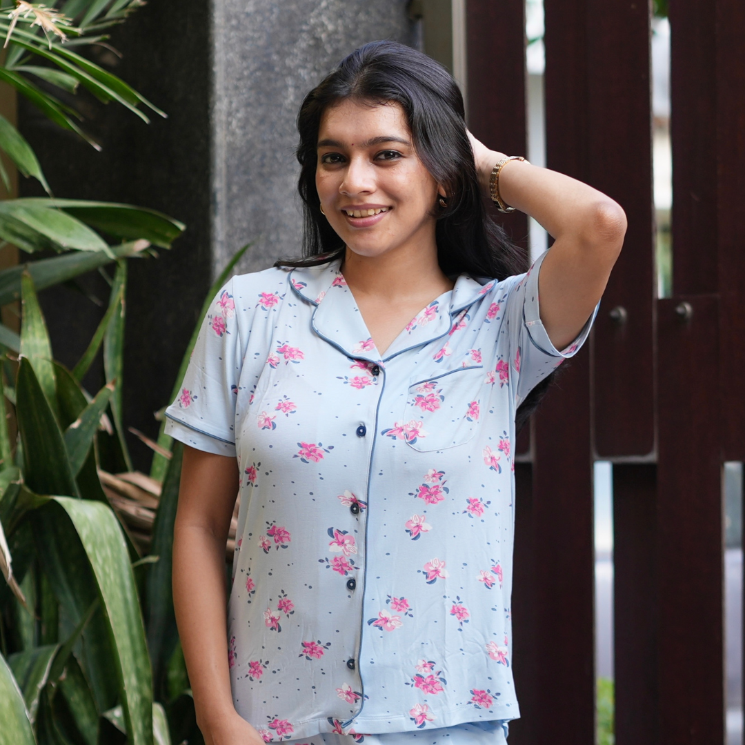 BLUE BLOSSOM BAMBOO PYJAMA SET