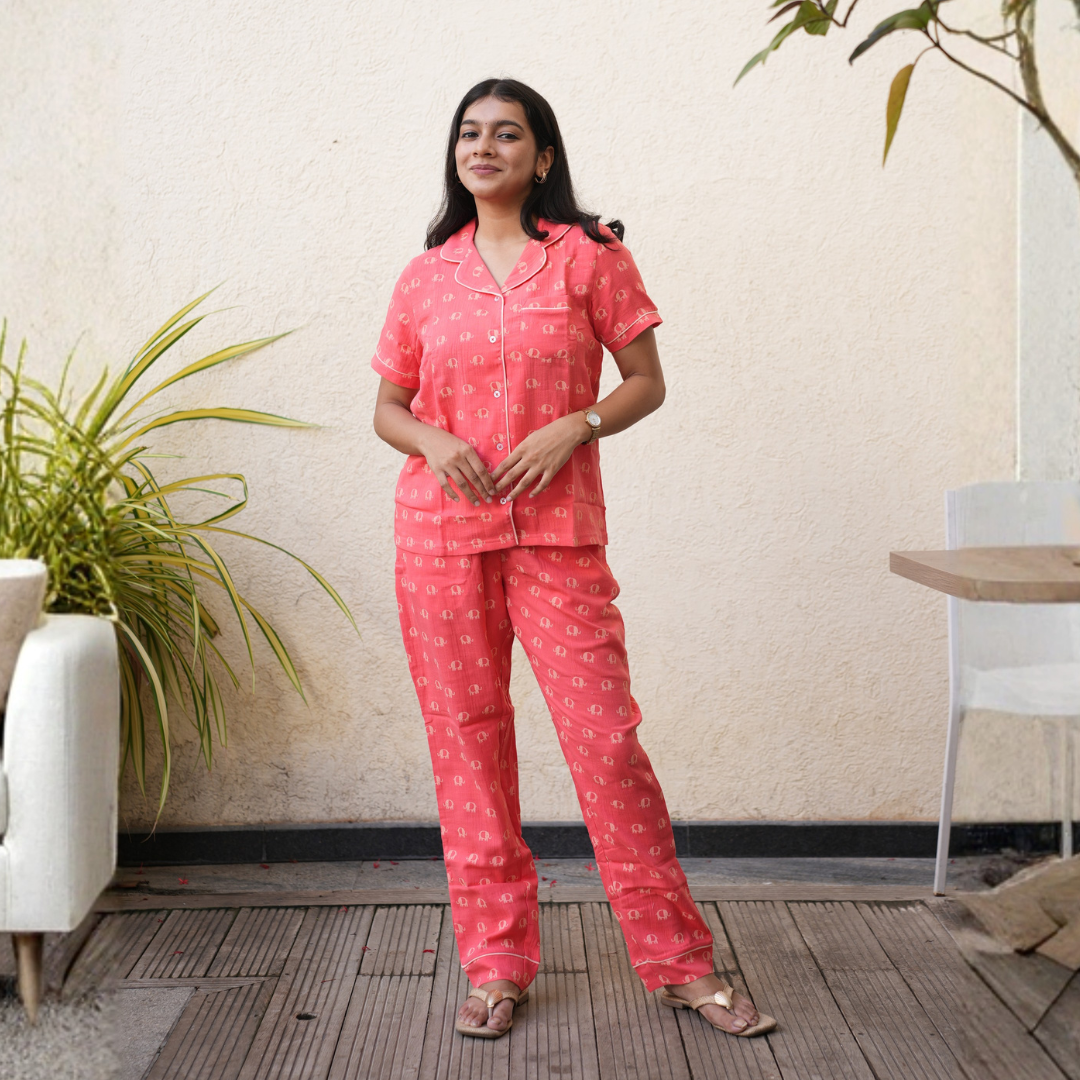 ORANGE ELEPRINT MUSLIN PYJAMAS