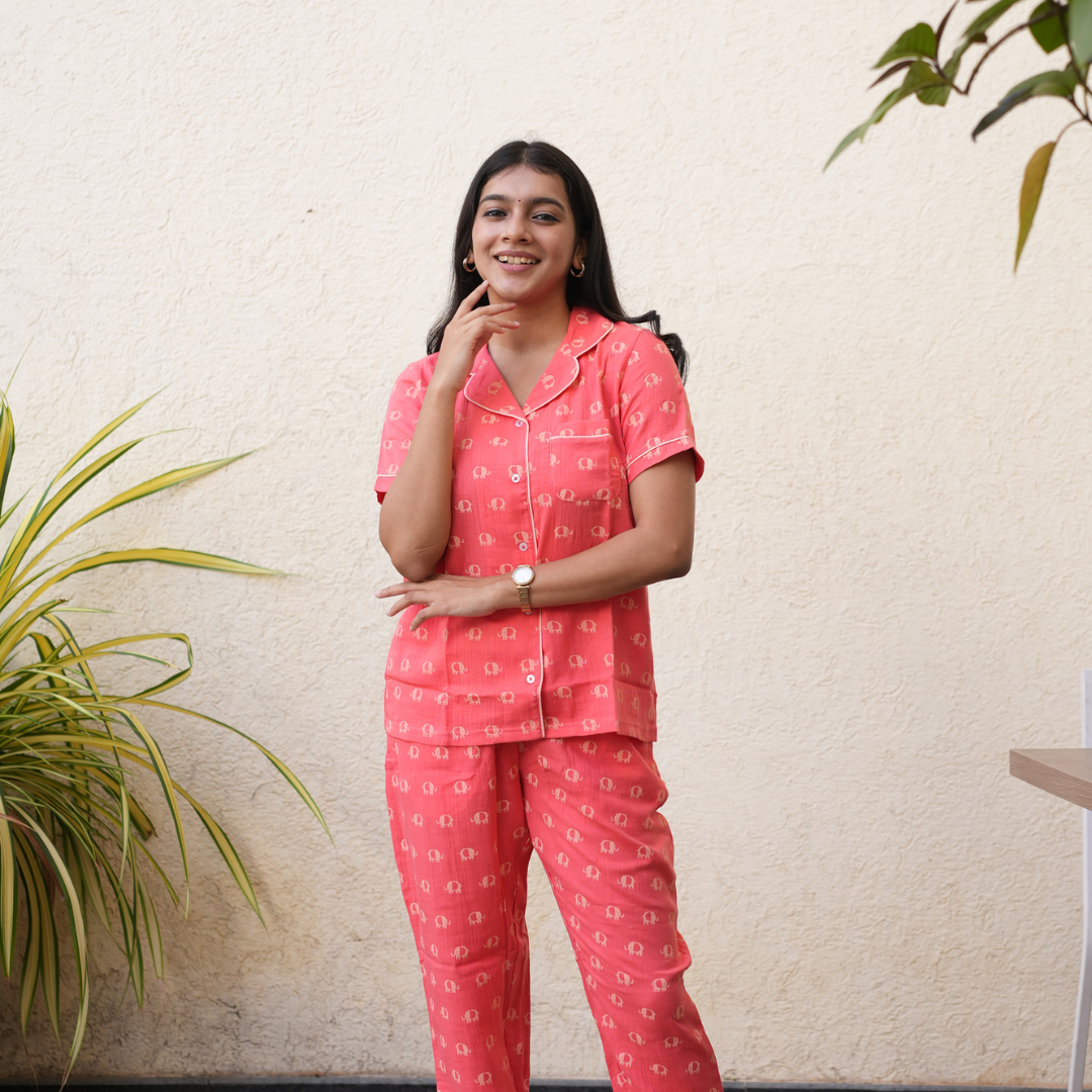 ORANGE ELEPRINT MUSLIN PYJAMAS