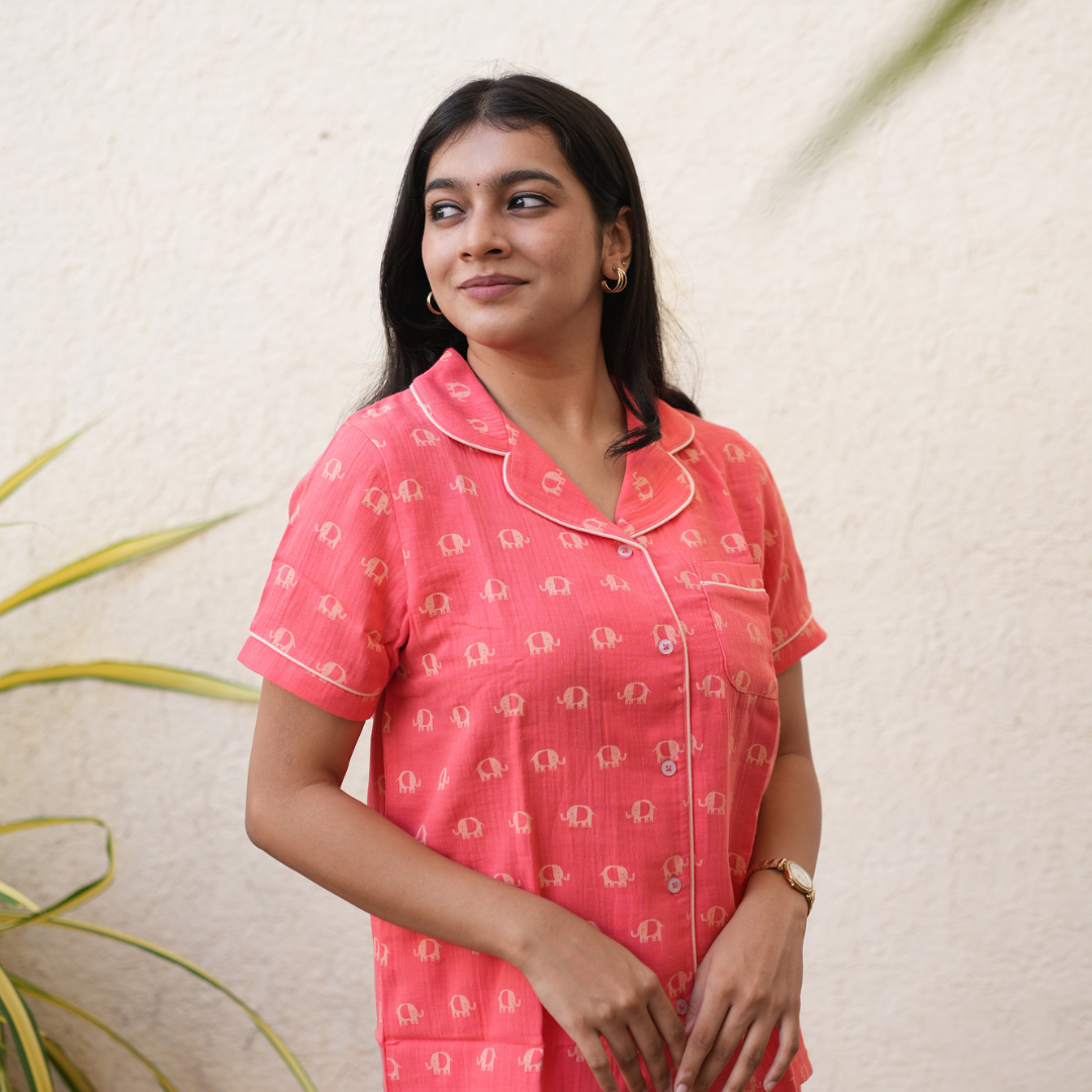 ORANGE ELEPRINT MUSLIN PYJAMAS