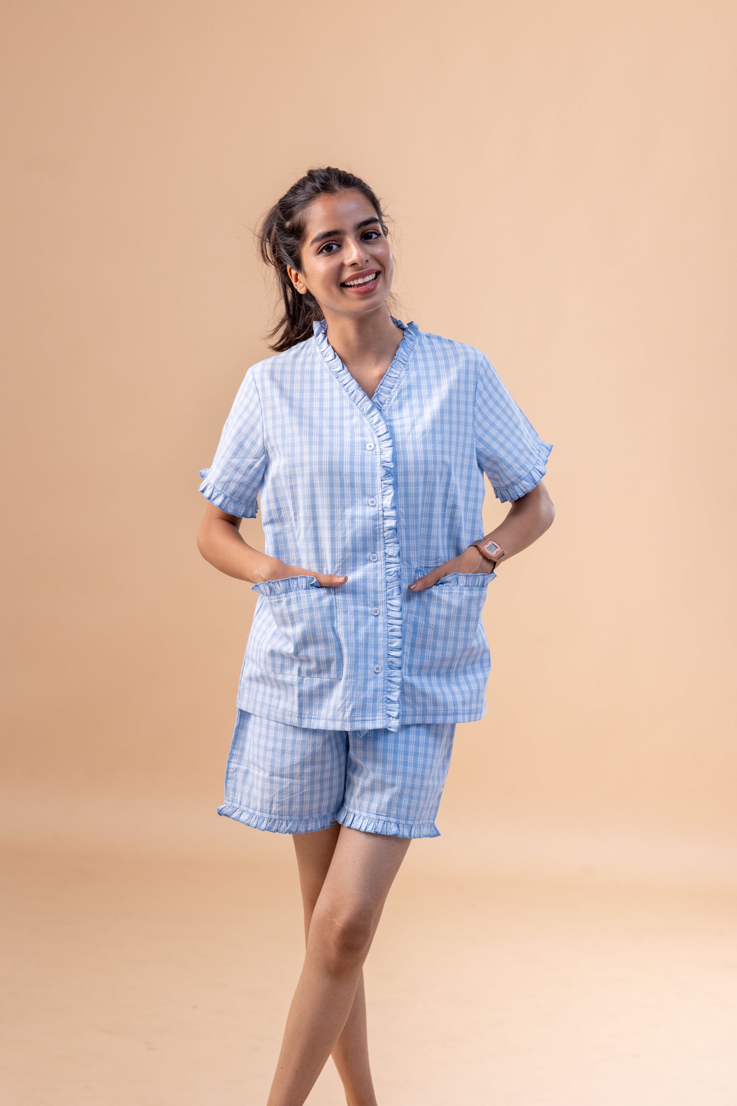 Blue Check Frill Short Set