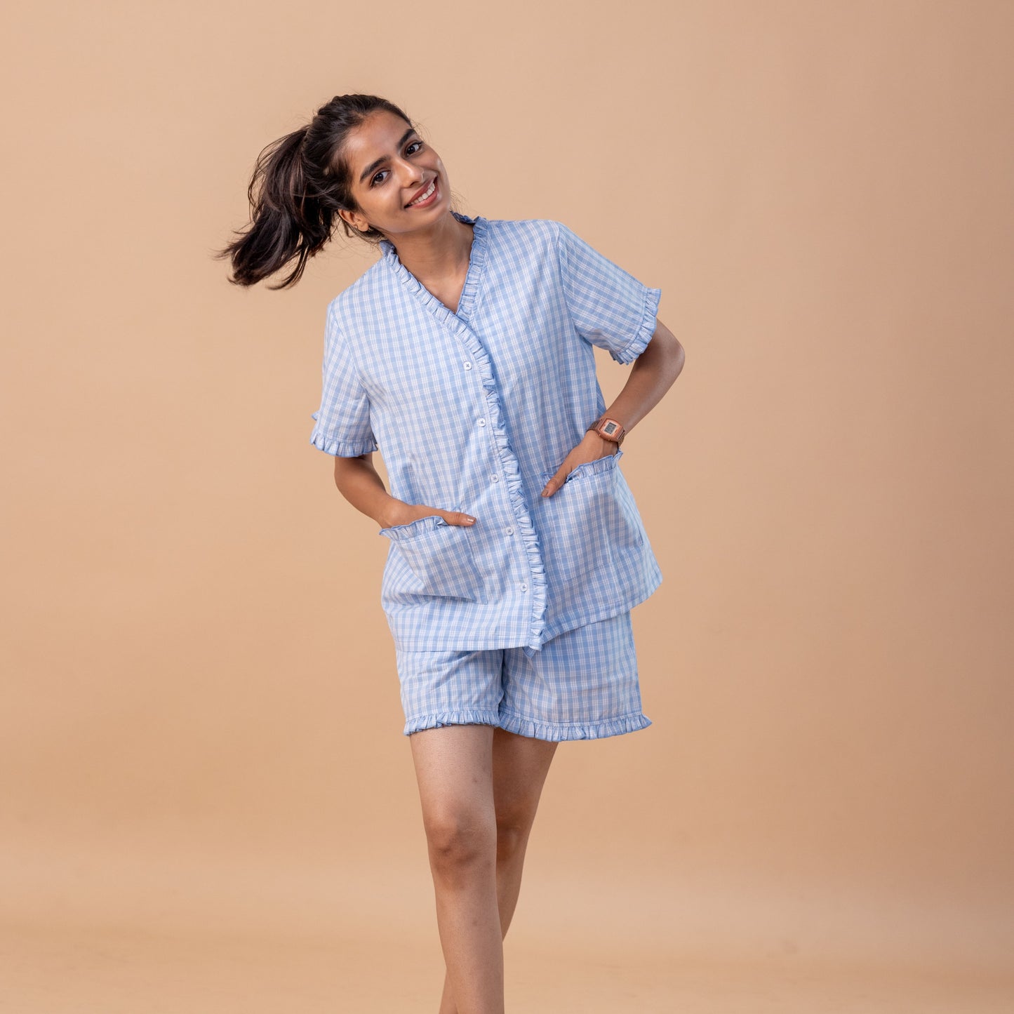 Blue Check Frill Short Set
