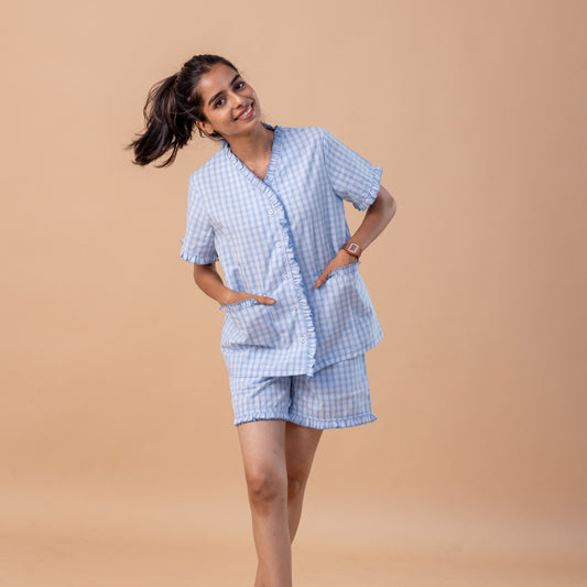 Blue Check Frill Short Set