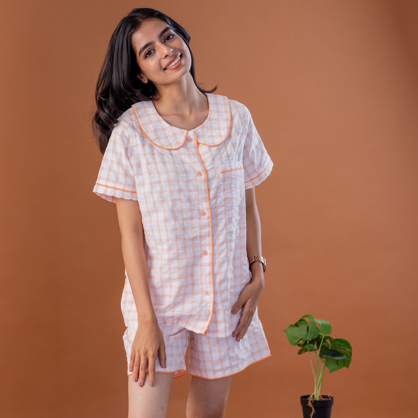 CORAL GINGHAM PETER PAN SET